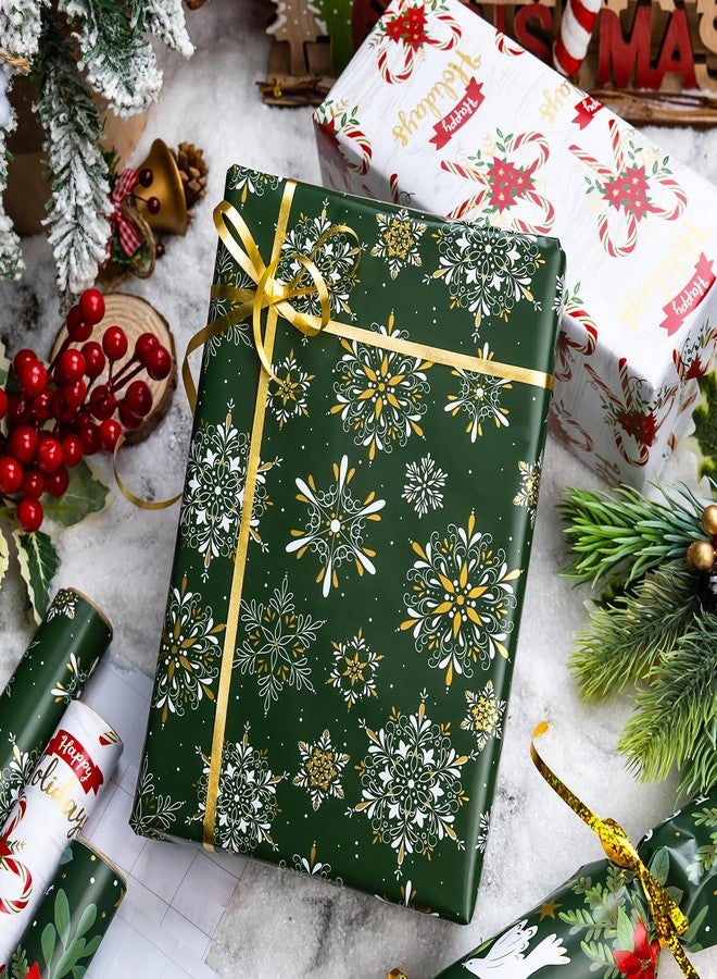 MAYPLUSS Green Christmas Wrapping Paper - 17In x 120In Per Roll - Elegant Gold Red Poinsettia, Vintage Snowflake, Peaceful Dove & Olive Branch in Flight Winter Gift Wrap for Christmas, Holiday, Party - Image 4